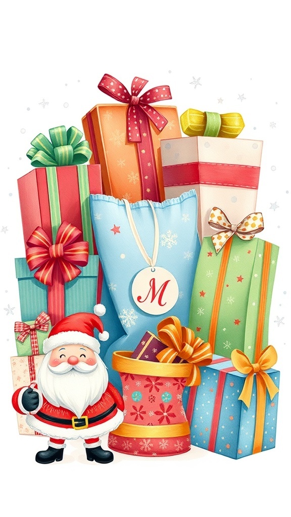 A collection of Christmas gift drawings including wrapped presents and a Santa holding a gift.